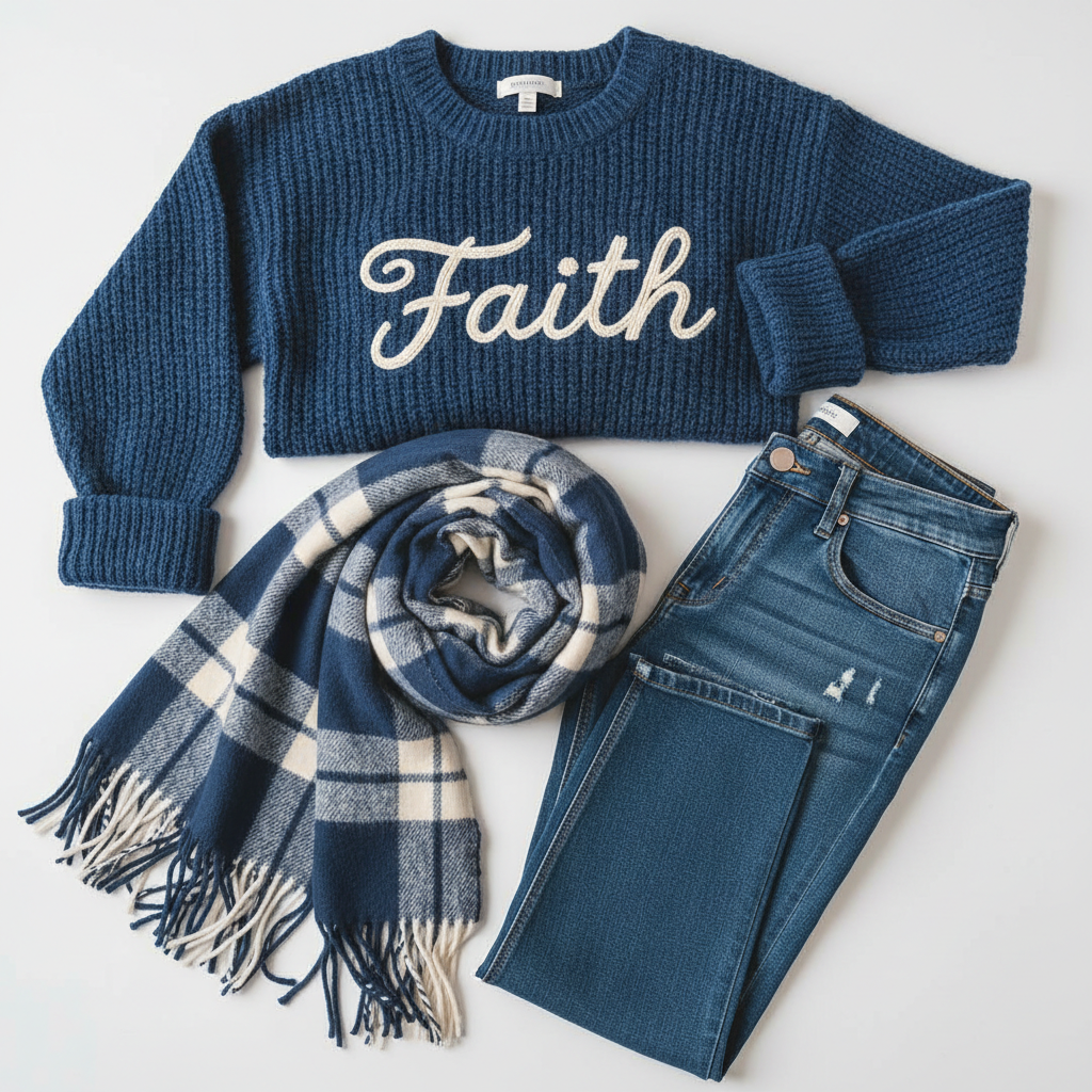 All Around the World Women's Jeans in Classic Blue with Faith Sweater and Scarf