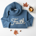 Women's Plain Blue Faith Sweater with Scarf