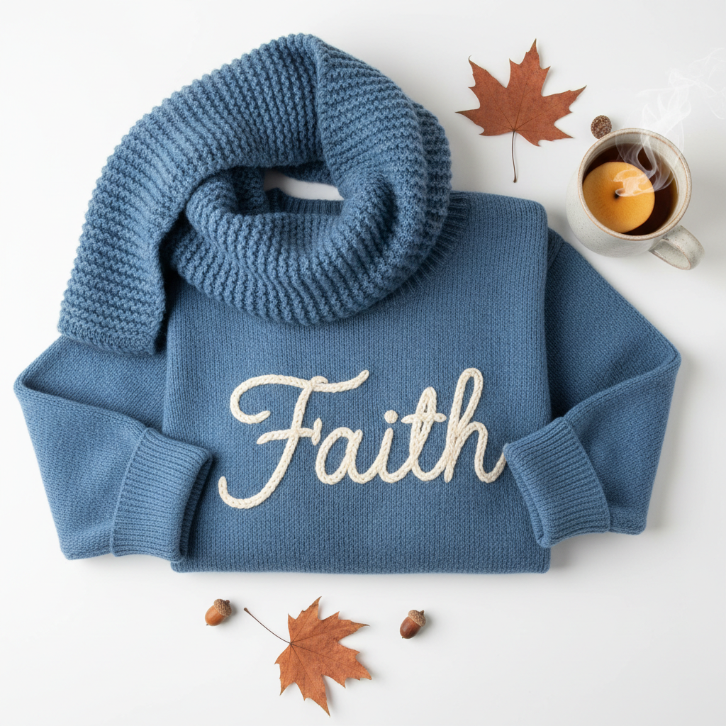 Women's Plain Blue Faith Sweater with Scarf